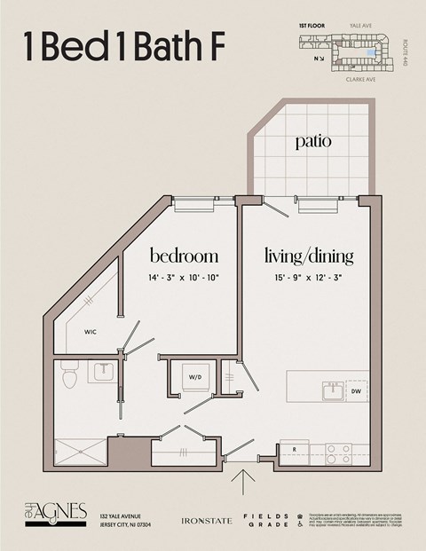 Floor plan for 1 bed, 1 bath, 734 sqft